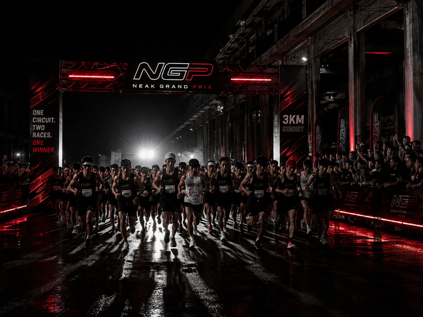 NEAK Grand Prix runners on the start line at night