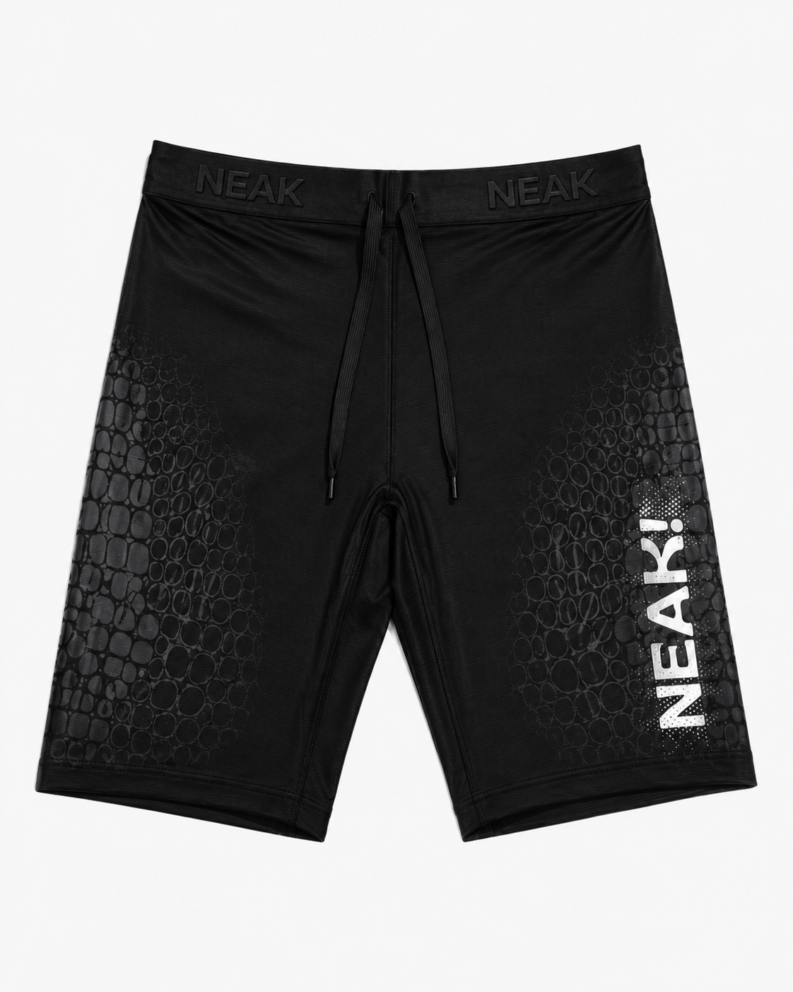 Black Dragon shorts in black, front view with NEAK legmark and scale panels