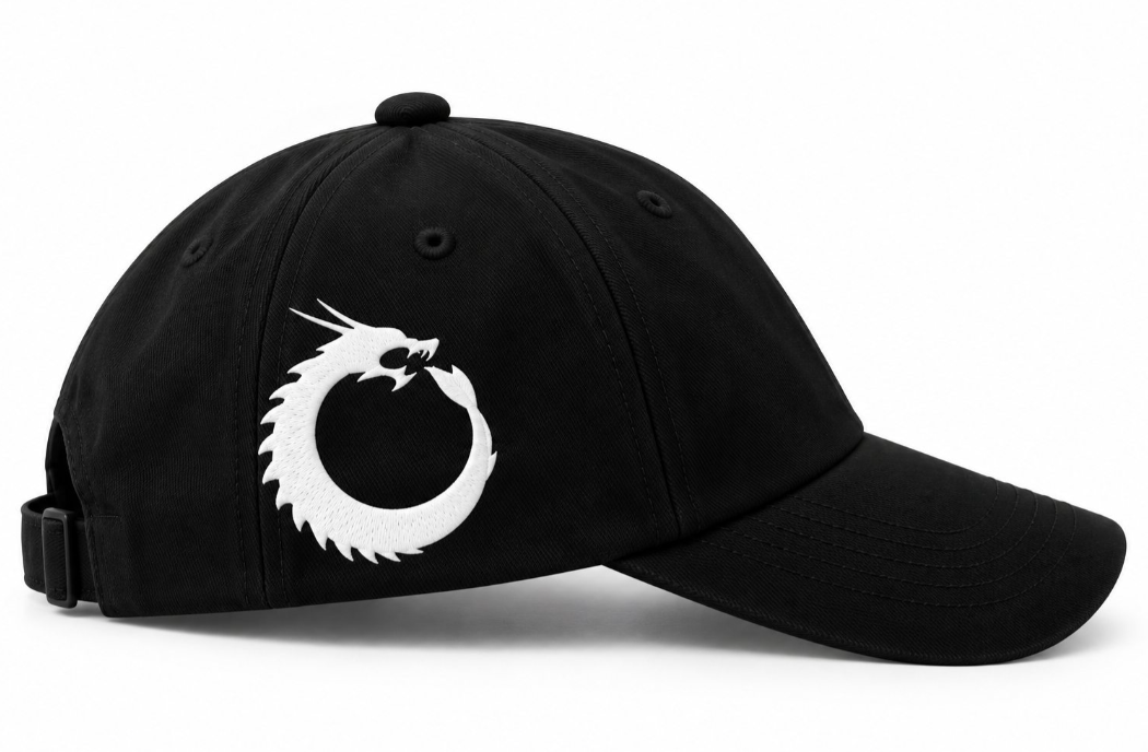 FRANCHIR CAP in black with white embroidered NEAK dragon logo, side view
