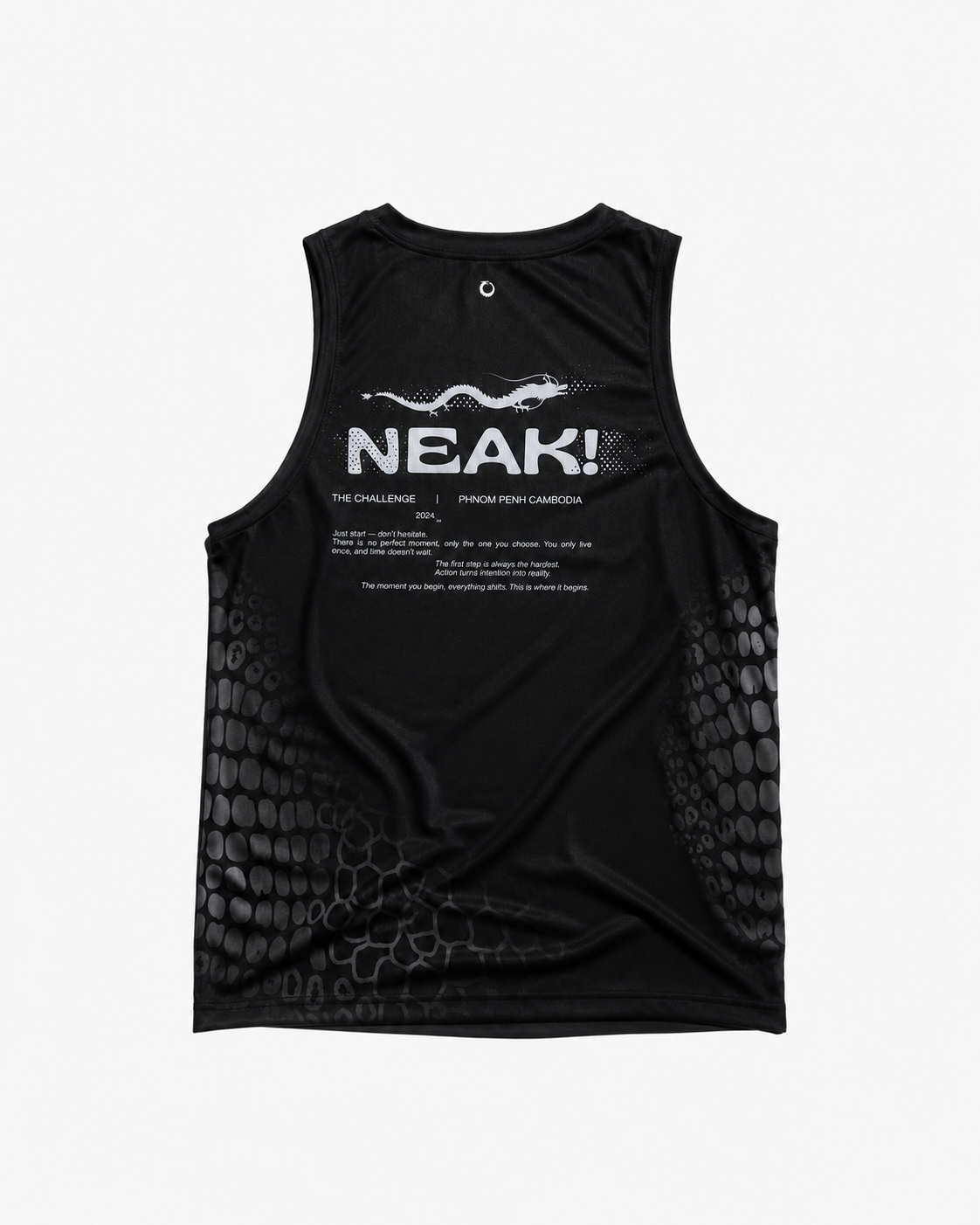 Black Dragon singlet in black, back view with NEAK dragon logo and manifesto print